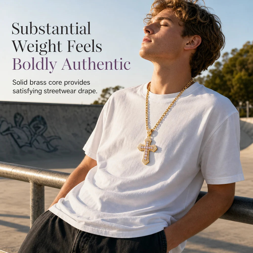🎁new Arrivals 49% Off💥hip Hop Double Layer Baguette Rhinestone Cross Brass With Figaro Chain