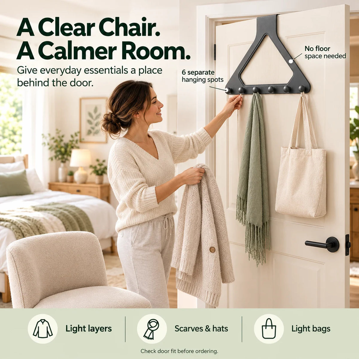 🚪 Over-the-Door 6-Hook Organizer – No-Drill Triangle Rack for Clothes, Towels, Hats & Bags