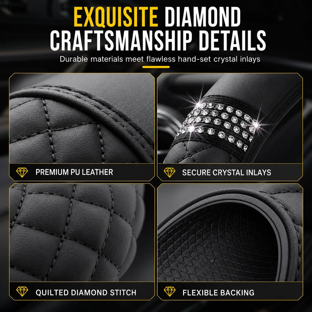 🚗 Rhinestone Steering Wheel Cover: Quilted Pu Leather, Luminous, Luxury, Easy Fit
