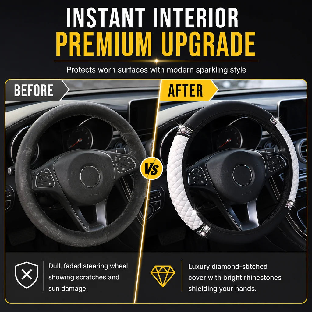 🚗 Rhinestone Steering Wheel Cover: Quilted Pu Leather, Luminous, Luxury, Easy Fit