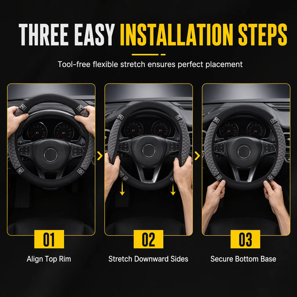 🚗 Rhinestone Steering Wheel Cover: Quilted Pu Leather, Luminous, Luxury, Easy Fit