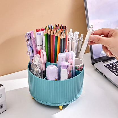 🔄 360° Rotating Desk Organiser: 5 Compartments, Pen & Makeup Storage, Gold Accent