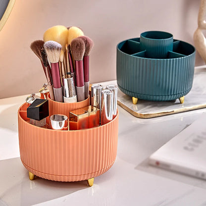 🔄 360° Rotating Desk Organiser: 5 Compartments, Pen & Makeup Storage, Gold Accent