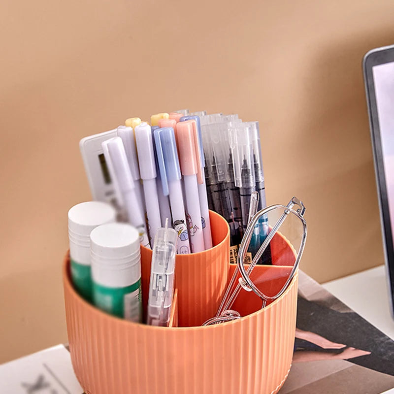 🔄 360° Rotating Desk Organiser: 5 Compartments, Pen & Makeup Storage, Gold Accent