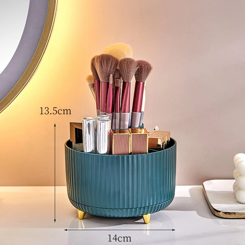 🔄 360° Rotating Desk Organiser: 5 Compartments, Pen & Makeup Storage, Gold Accent