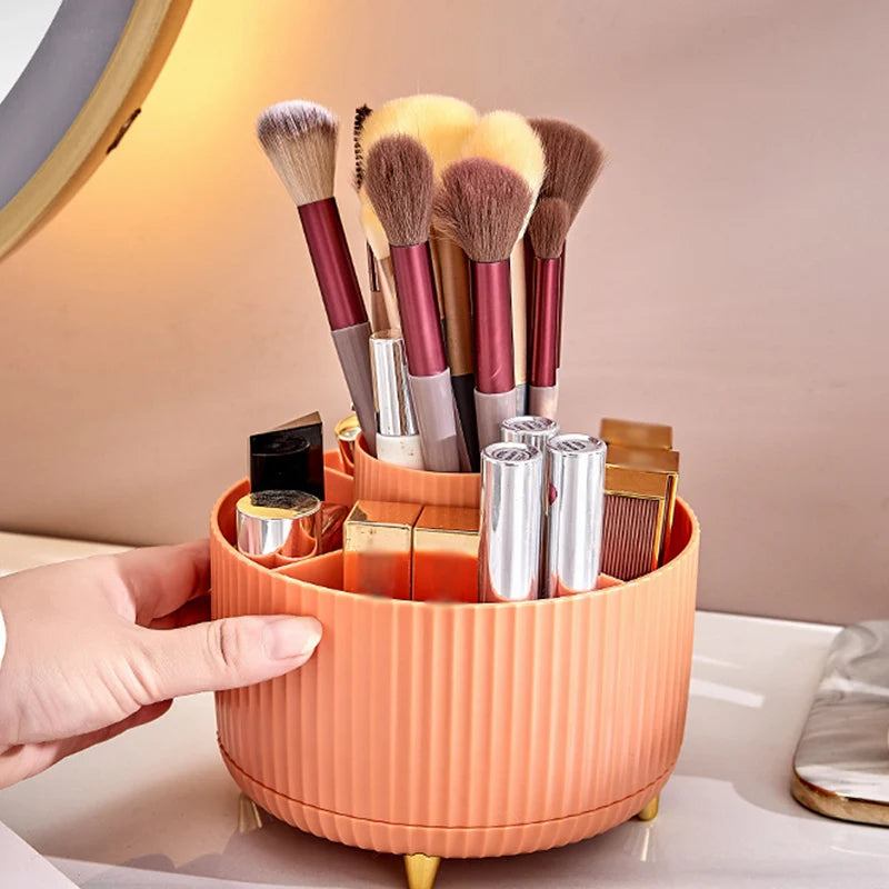 🔄 360° Rotating Desk Organiser: 5 Compartments, Pen & Makeup Storage, Gold Accent