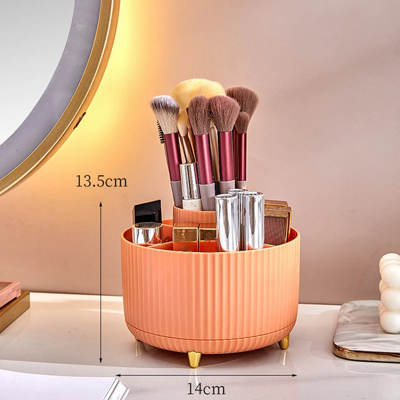 🔄 360° Rotating Desk Organiser: 5 Compartments, Pen & Makeup Storage, Gold Accent