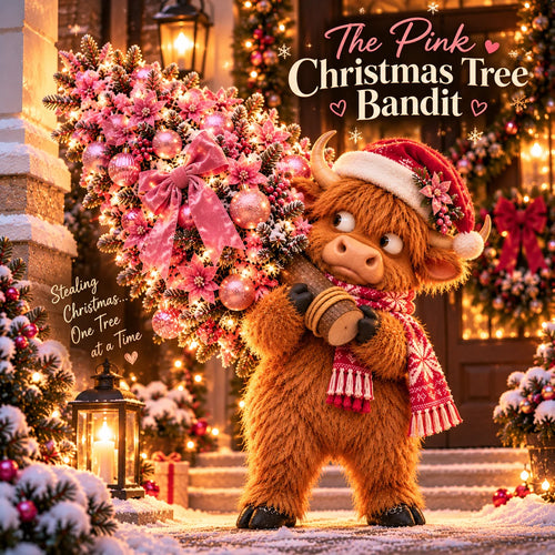 🎄🐮 Pinkmas Tree Bandit™ – Funny Lighted Highland Cow Carrying a Sparkling Pink Christmas Tree, Whimsical Holiday Porch Decor 🎀✨