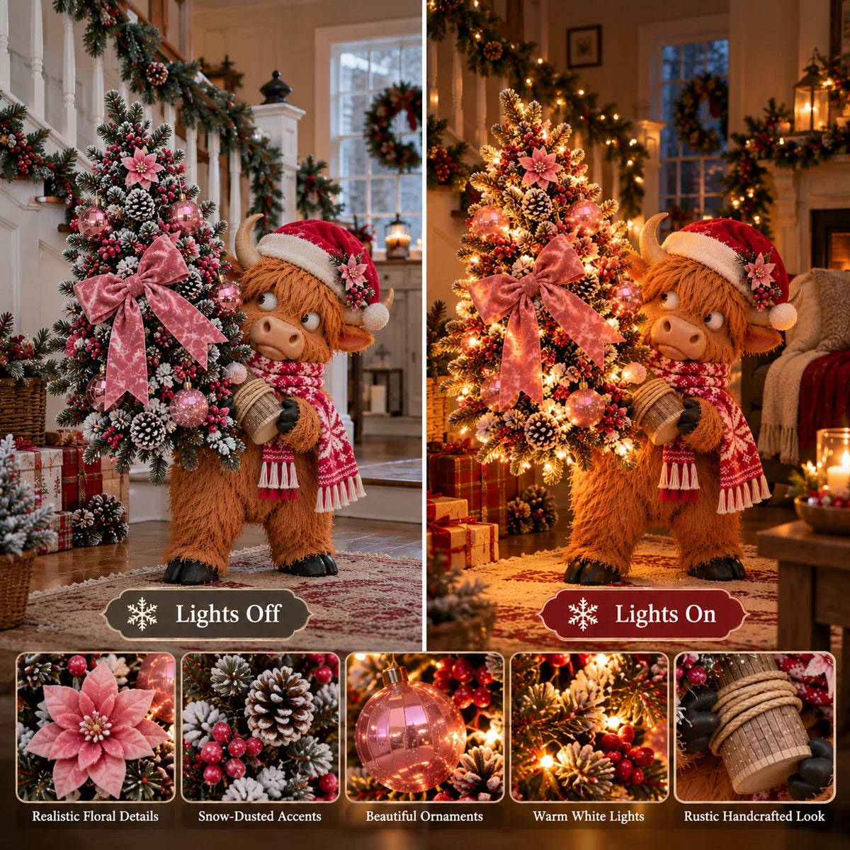 🎄🐮 Pinkmas Tree Bandit™ – Funny Lighted Highland Cow Carrying a Sparkling Pink Christmas Tree, Whimsical Holiday Porch Decor 🎀✨
