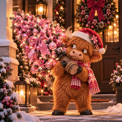 🎄🐮 Pinkmas Tree Bandit™ – Funny Lighted Highland Cow Carrying a Sparkling Pink Christmas Tree, Whimsical Holiday Porch Decor 🎀✨