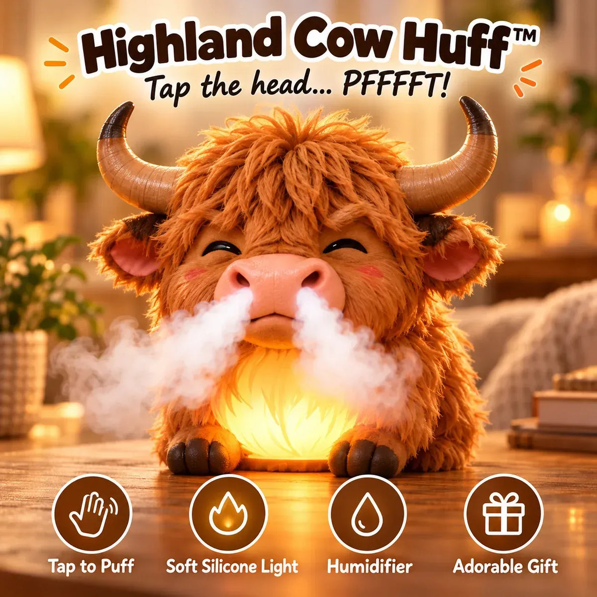 🎁✨ Highland Cow Huff™ – Tap-to-puff Humidifier & Colorful Night Light 🐮💡