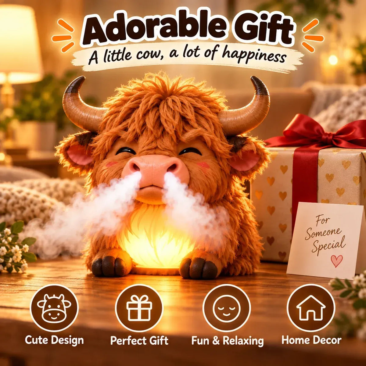 🎁✨ Highland Cow Huff™ – Tap-to-puff Humidifier & Colorful Night Light 🐮💡