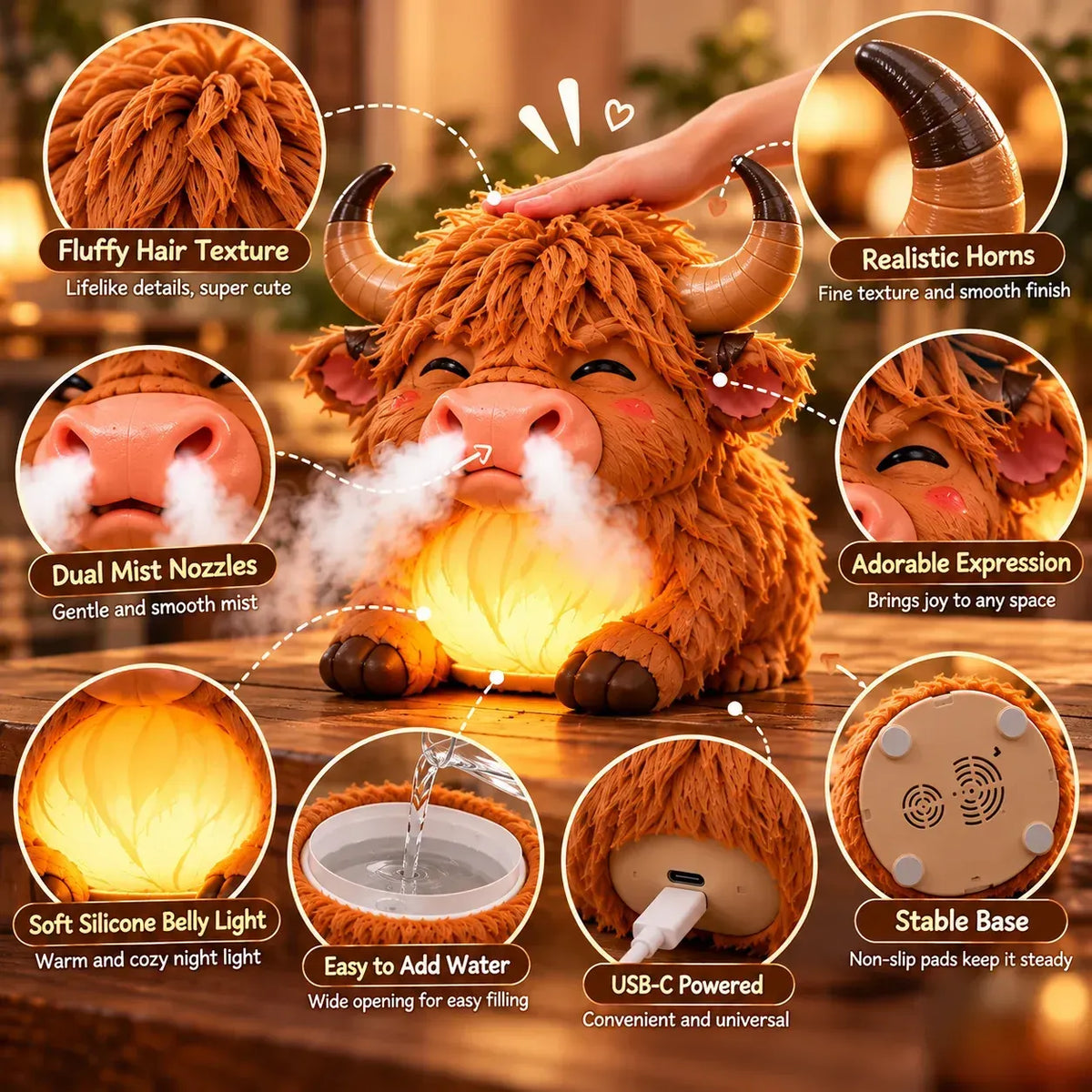 🎁✨ Highland Cow Huff™ – Tap-to-puff Humidifier & Colorful Night Light 🐮💡