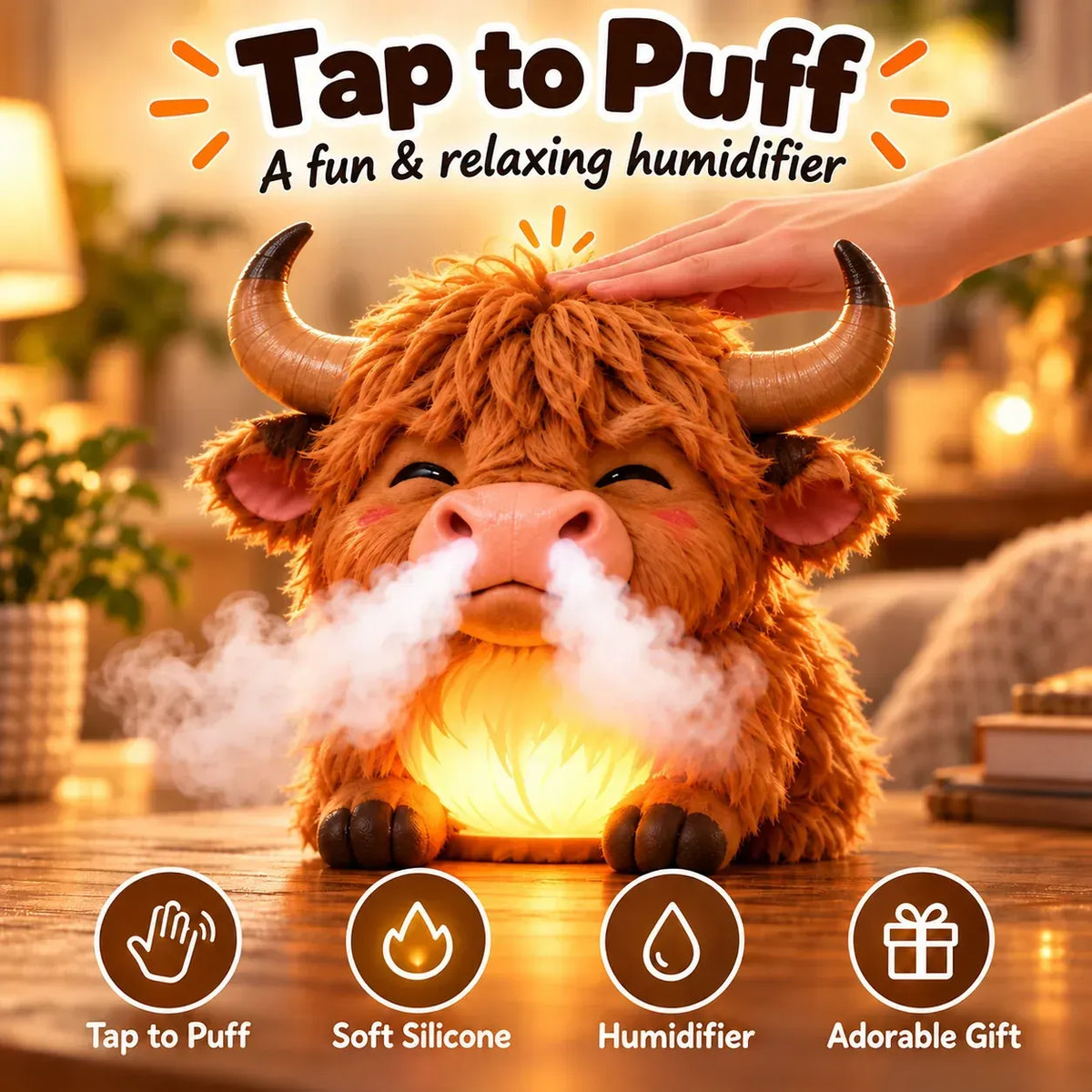 🎁✨ Highland Cow Huff™ – Tap-to-puff Humidifier & Colorful Night Light 🐮💡