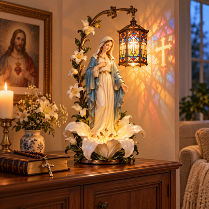 Our Lady of Grace Illuminated Statue – Virgin Mary Stained Glass Lantern Decor