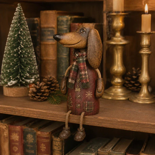 🐾 Vintage Christmas Dachshund Shelf Sitter 🎄 Rustic Farmhouse Holiday Dog Figurine