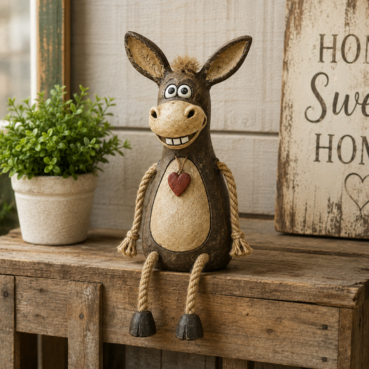 🫏Rustic figurine of a donkey on a plank with rope legs hanging down