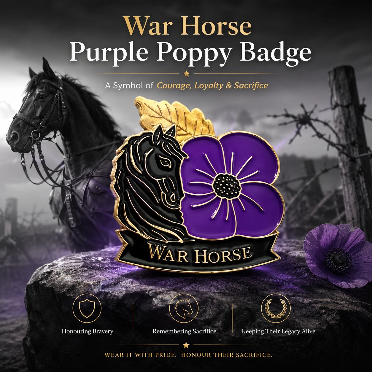 Limited Edition War Horse Purple Poppy 111th Anniversary Remembrance Brooch