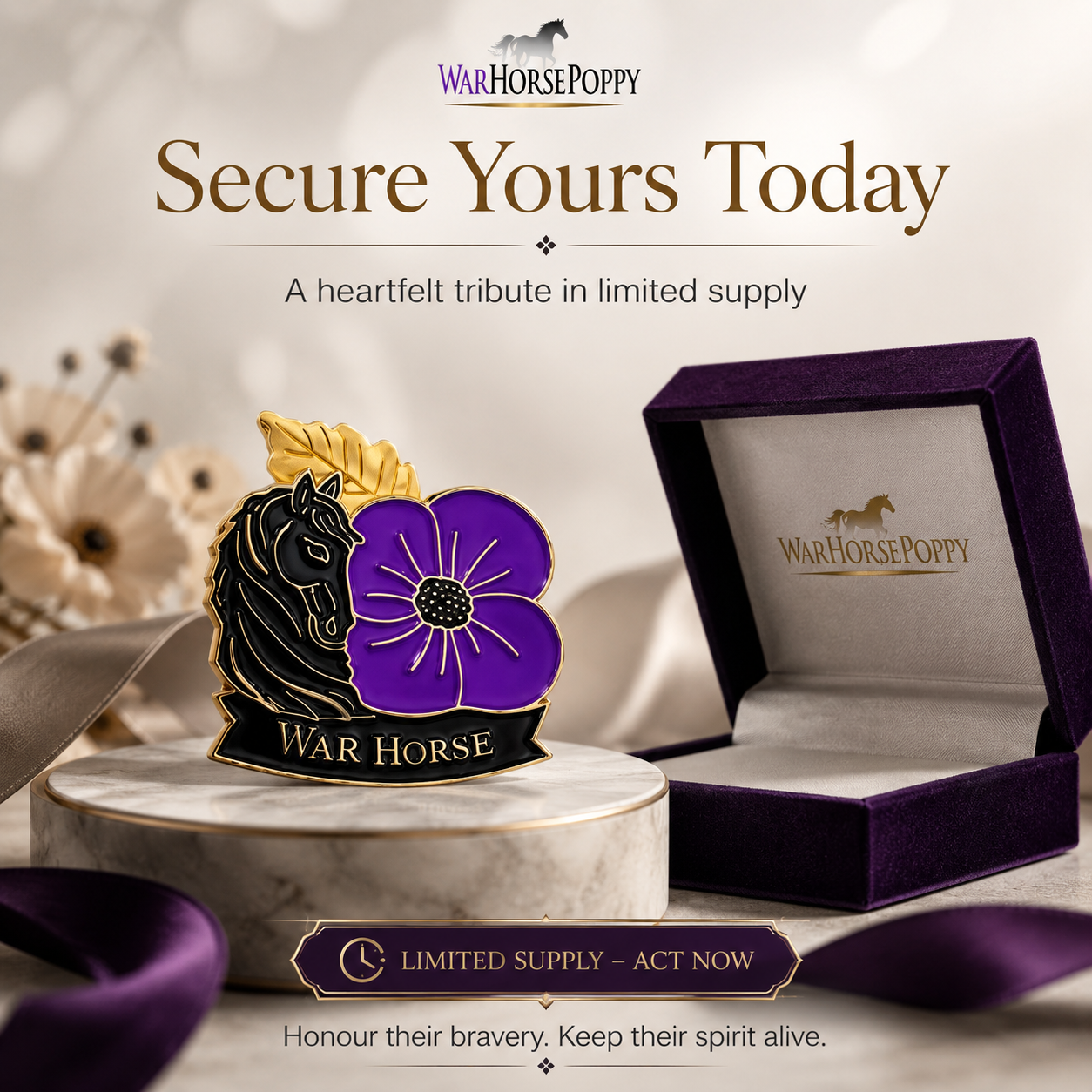 Limited Edition War Horse Purple Poppy 111th Anniversary Remembrance Brooch