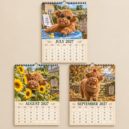 2027 A4  Funny Highland Cow Wall Calendar | Full‑Year of Goofy Fluffy Highland Cow Vibes