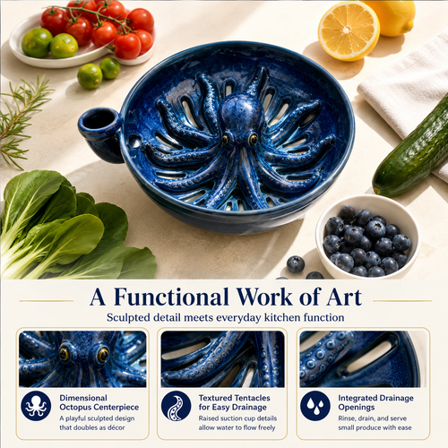🐙🌊Bold Indigo Octopus Berry Colander