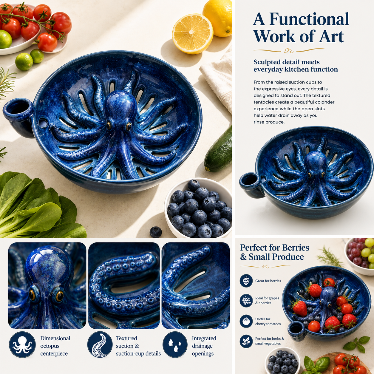 🐙🌊Bold Indigo Octopus Berry Colander