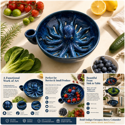 🐙🌊Bold Indigo Octopus Berry Colander