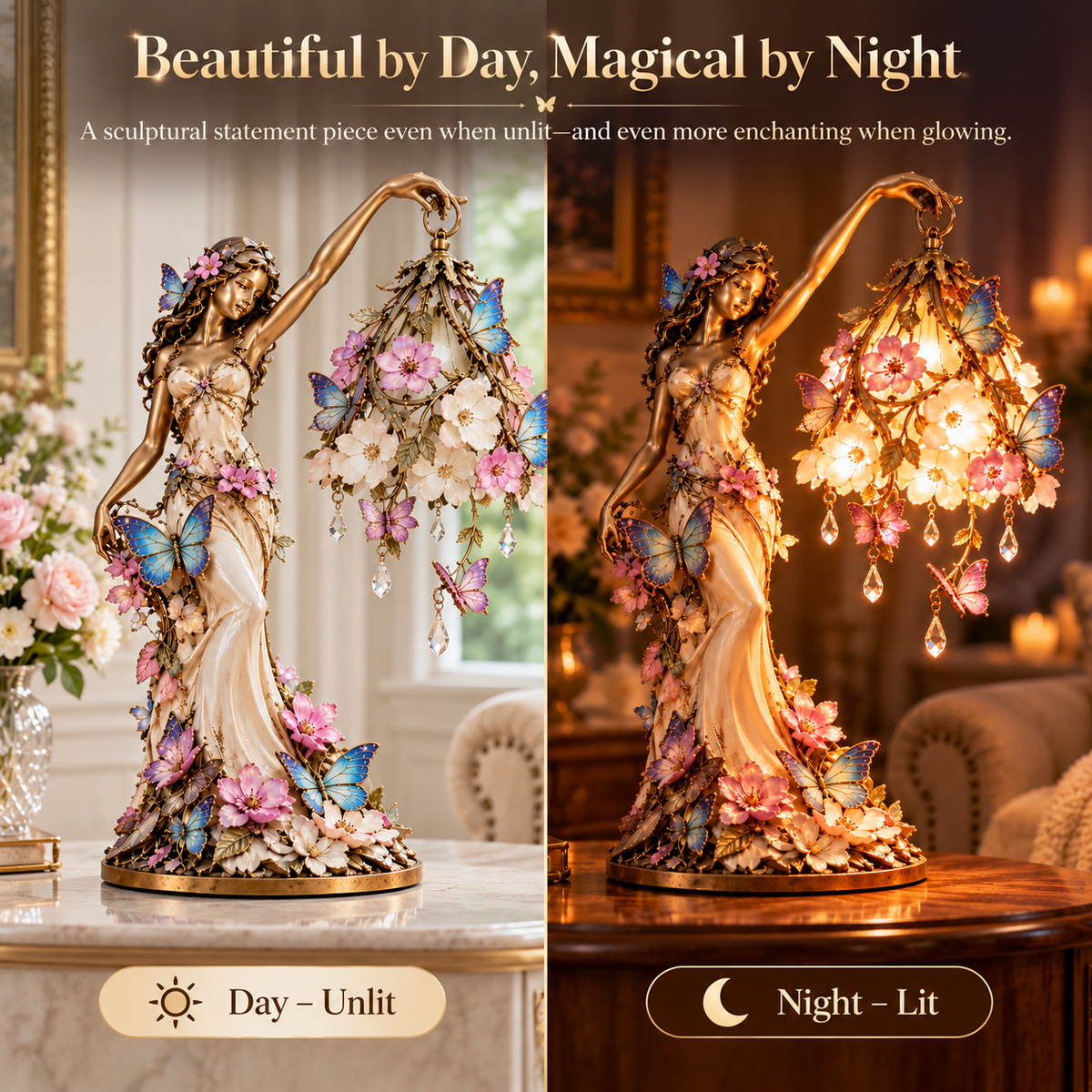 🦋 Butterfly Lady Accent Lamp – Elegant Floral Goddess Light with Crystal Drops