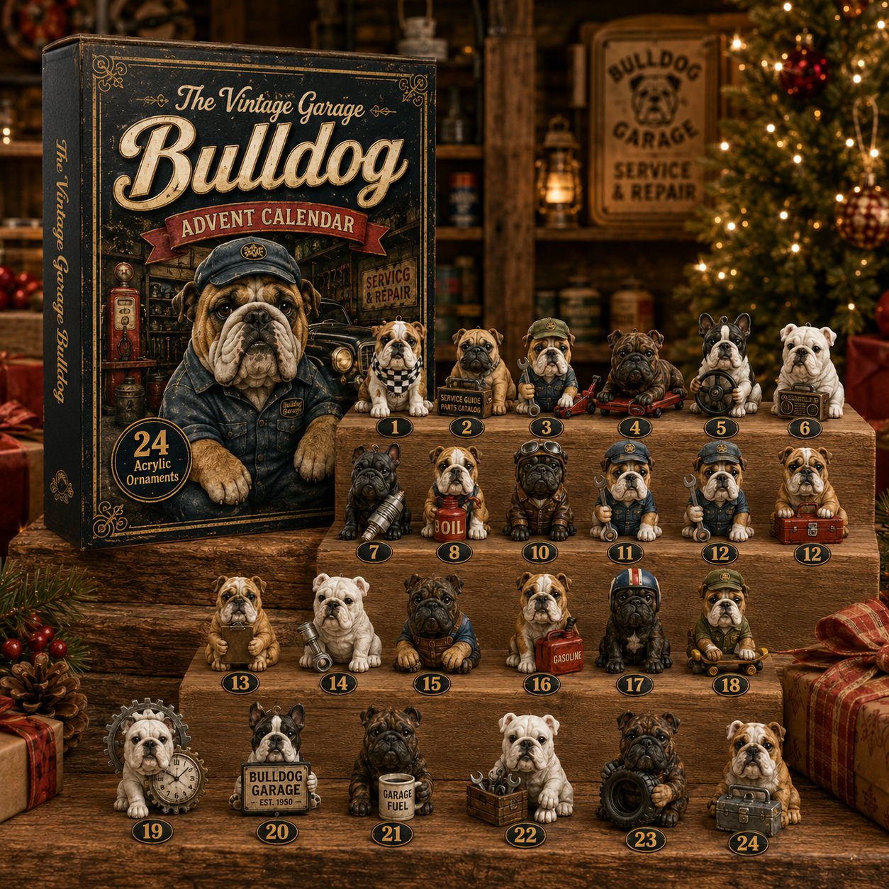🔥49% Off Last Day -🔧 Vintage Garage Bulldog Acrylic Advent Calendar 2026 – 24 Days of Classic Bulldog Garage Surprises