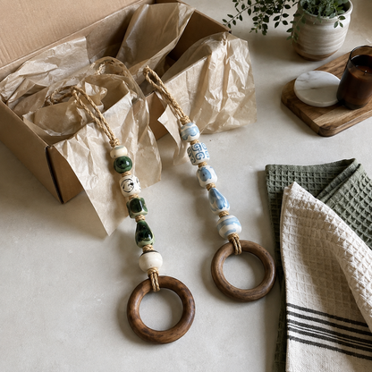 Decorative Beaded Towel Hanger with Wooden Ring