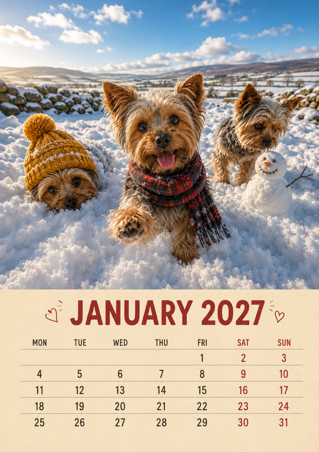 2027 Funny Yorkshire Terrier Wall Calendar | A4 Hanging Calendar