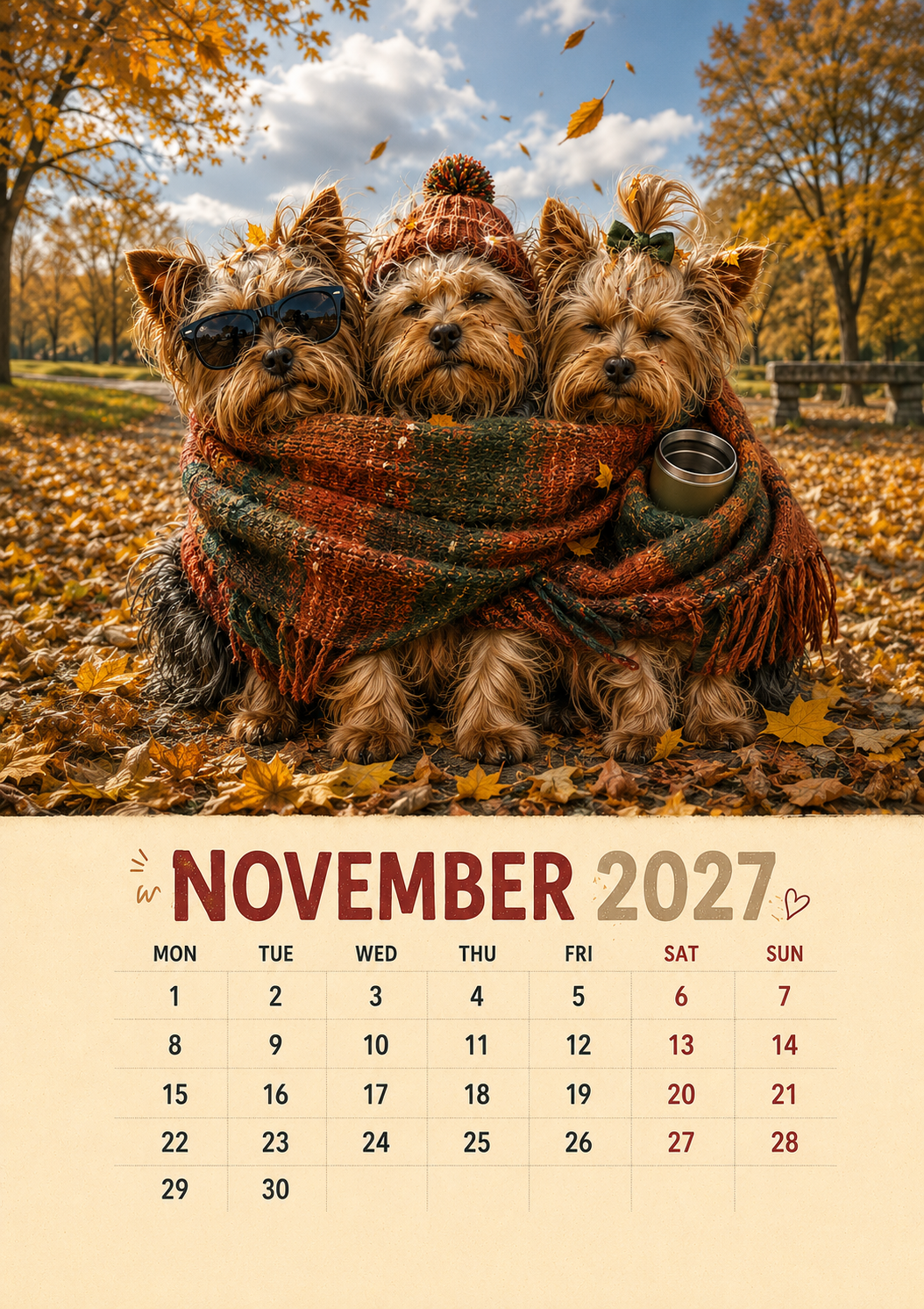 2027 Funny Yorkshire Terrier Wall Calendar | A4 Hanging Calendar