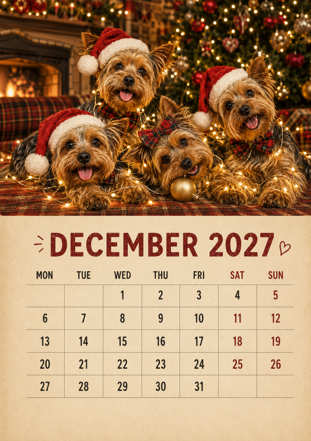 2027 Funny Yorkshire Terrier Wall Calendar | A4 Hanging Calendar