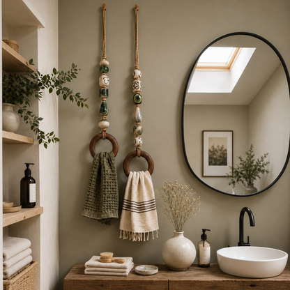 Decorative Beaded Towel Hanger with Wooden Ring