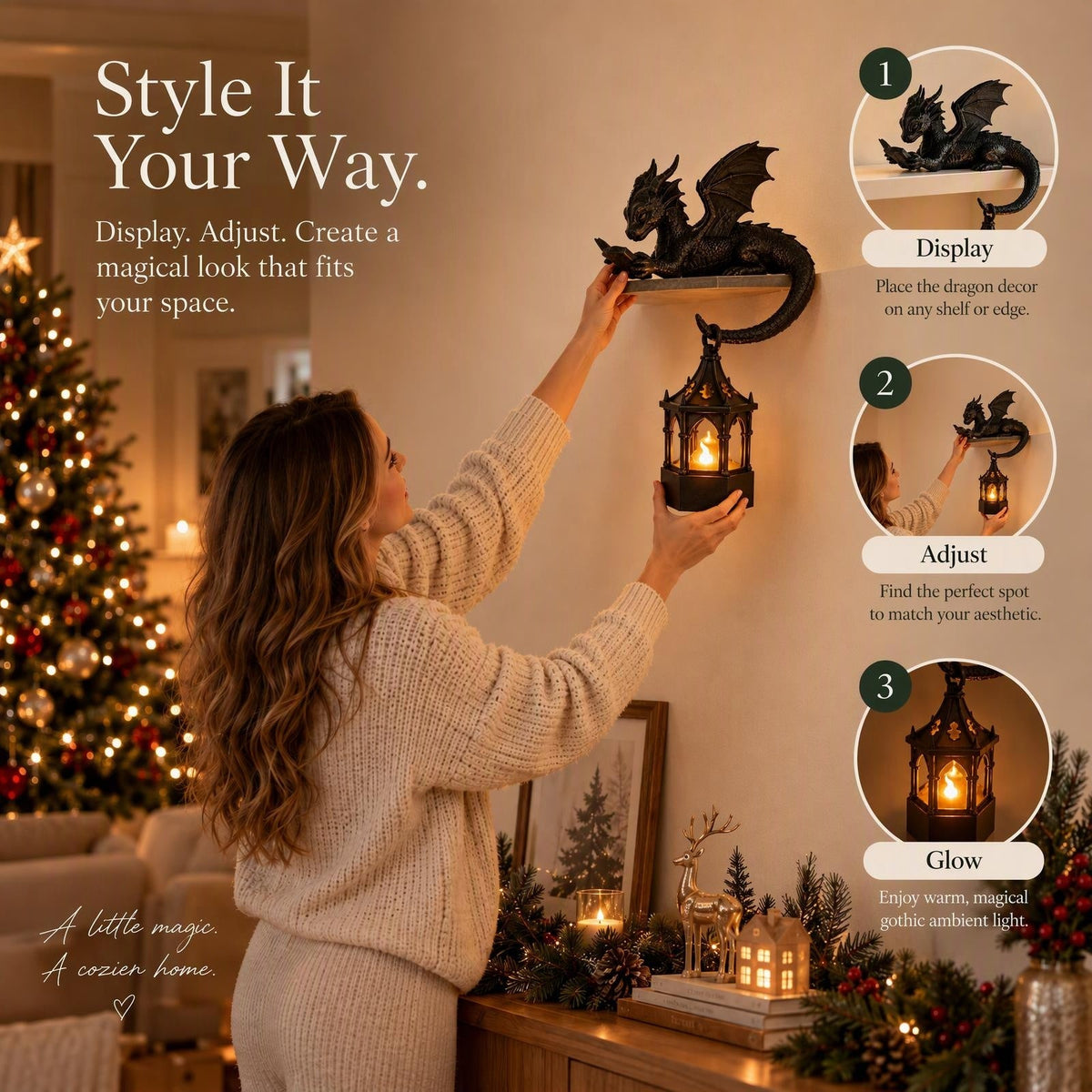 🐉Reading Dragon Shelf Decor with LED Lantern