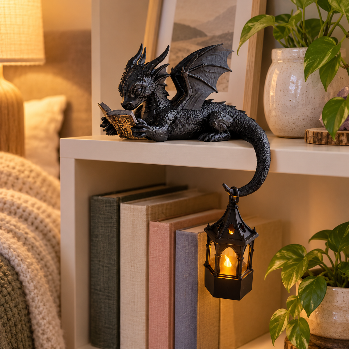 🐉Reading Dragon Shelf Decor with LED Lantern