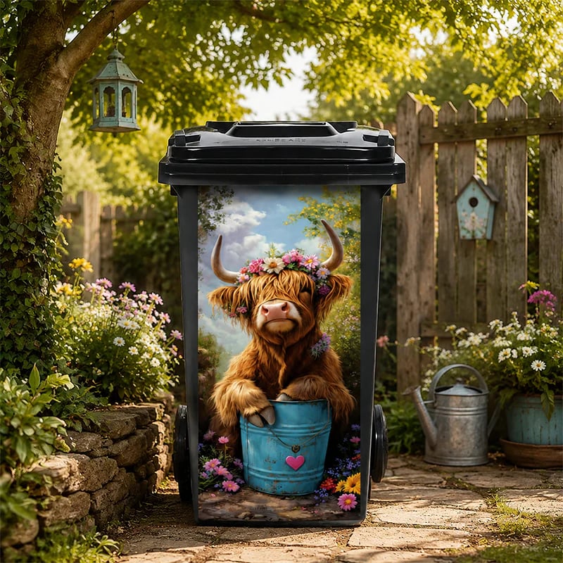 🐮 Highland Cattle Floral Print Bin Sticker