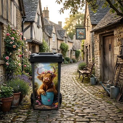 🐮 Highland Cattle Floral Print Bin Sticker