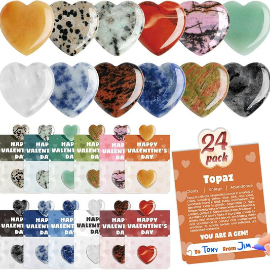 Valentine's Day Gem Gifts for Kids&Adults – 24 Pack Prefilled Cards with Heart-Shaped Gemstones