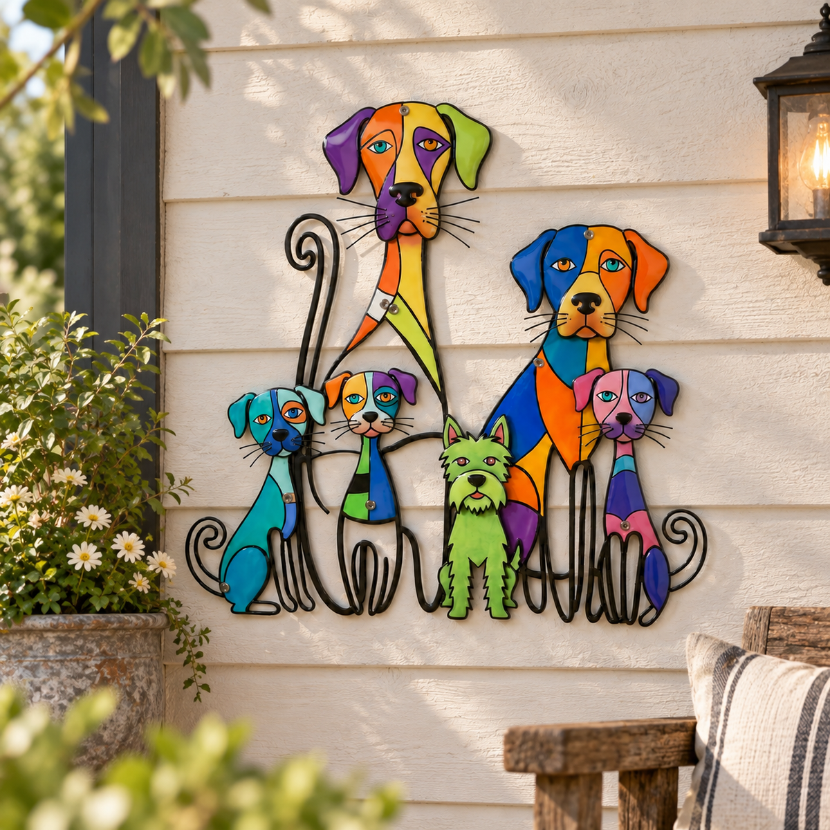 Colorful Dog Family Metal Wall Decor