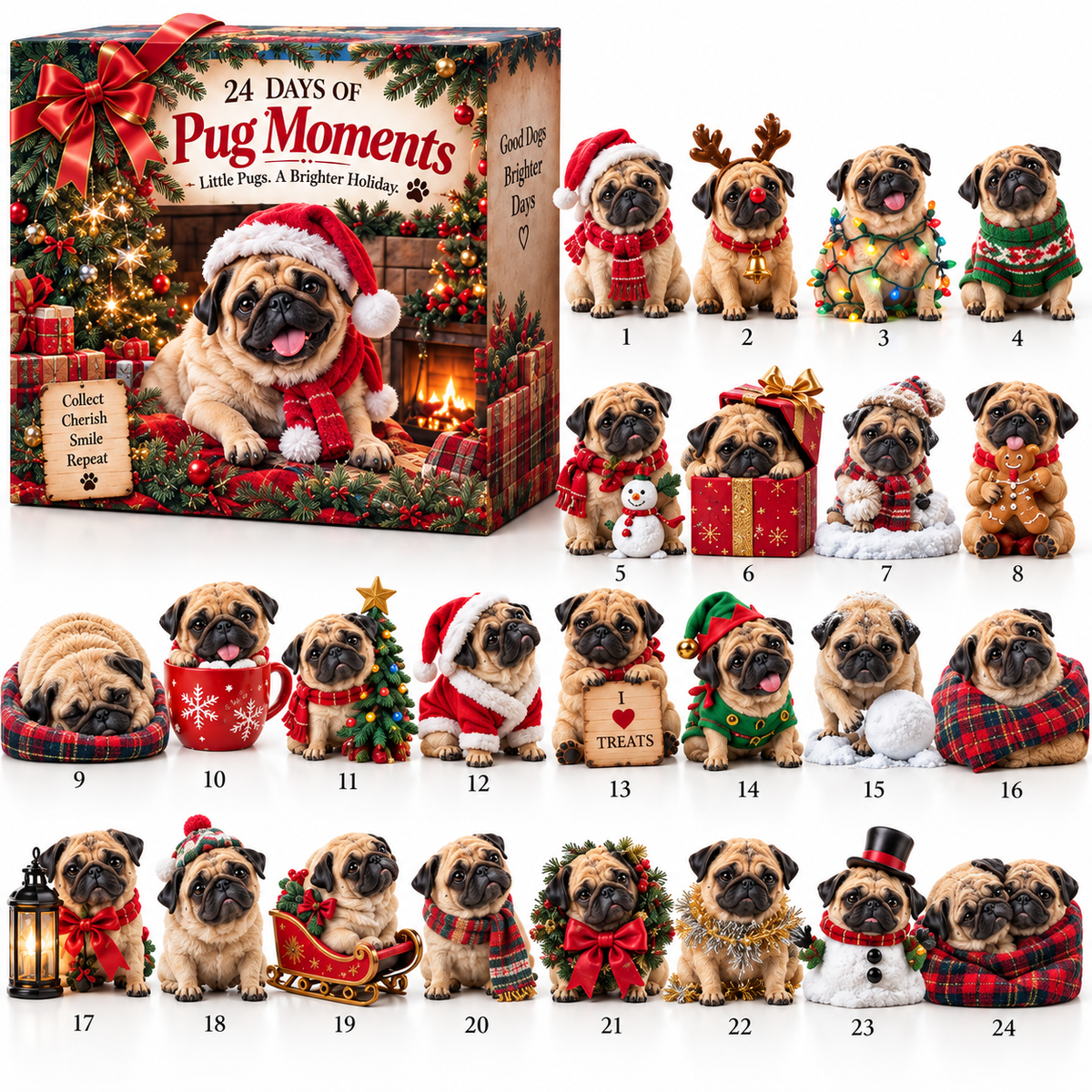 🐾 24 Days of Pug Moments – 24 Unique Pug Collectible Figurines