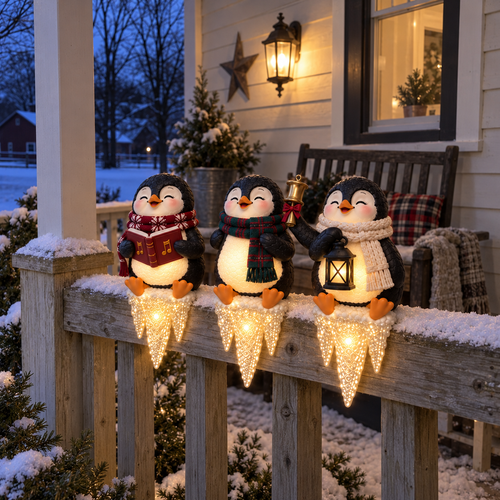 Lighted Penguin Icicle Window Ledge Set