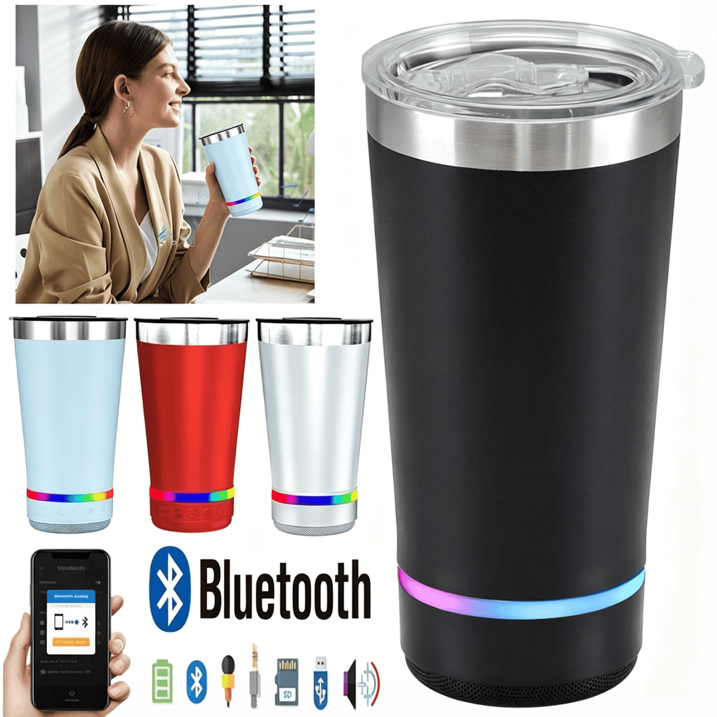 🔊 Stainless Steel Insulated Mug with Bluetooth Speaker – Rechargeable LED Light Cup for Music, Drinks & Outdoor Enjoyment