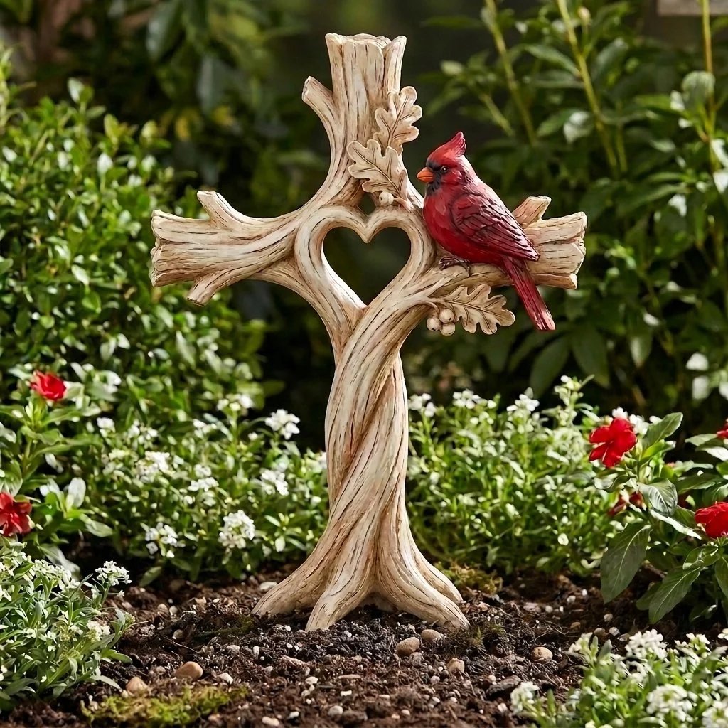 🔥🔥Cardinal Heart Tree Cross – Hand-Carved Solid Wood Decor