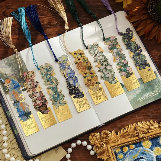 📚✨ 8-Piece Gold Metal Bookmark Set with Tassel – Van Gogh & Monet Inspired Gift for Book Lovers 🎨