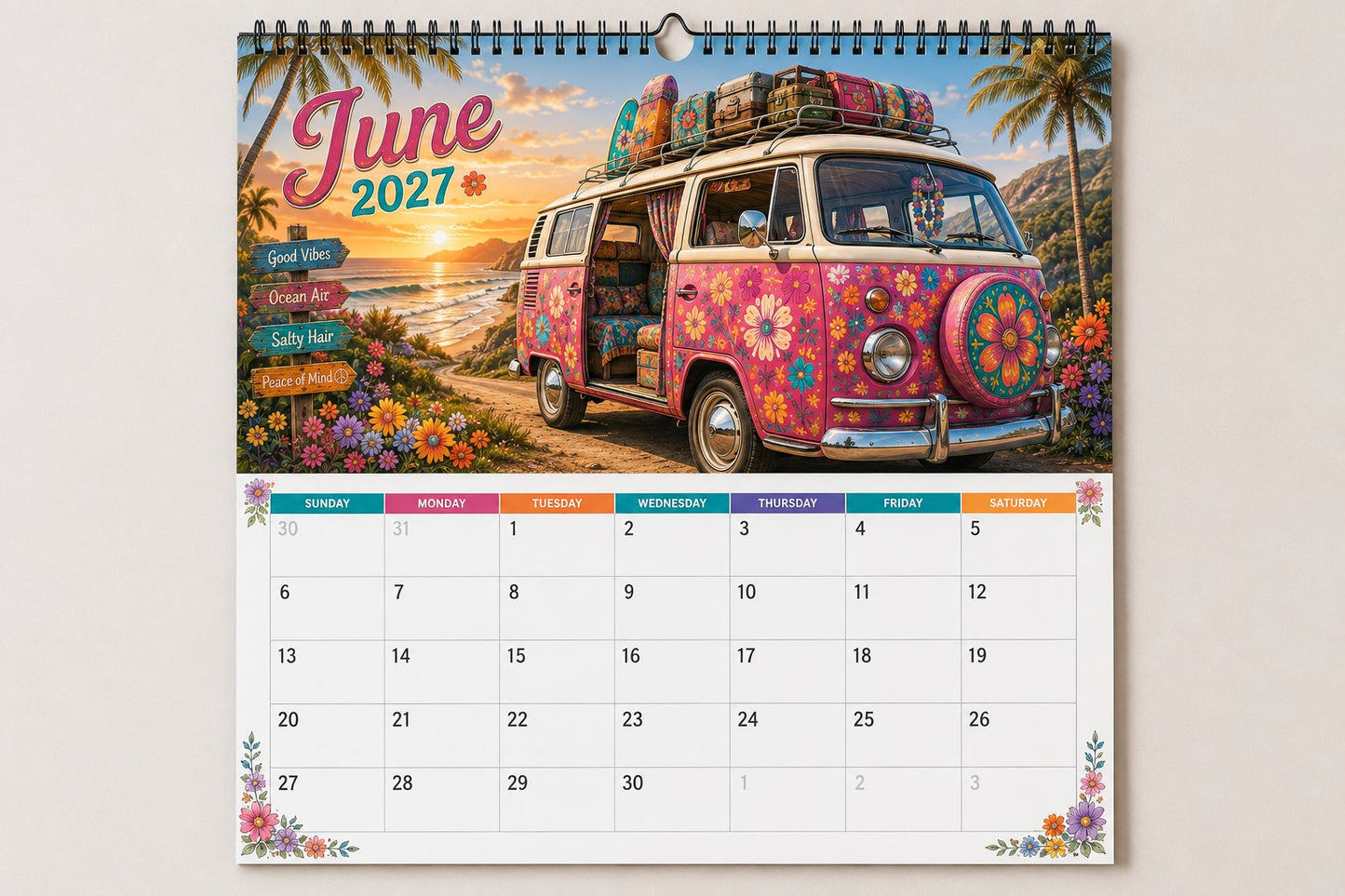 🌼2027 Hippie Boho Wall Calendar – Retro Road Trip Calendar