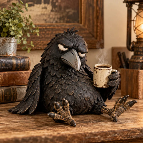 🔥Rustic Vintage Raven Figurine with Coffee Mug – Grumpy Crow Farmhouse Tabletop Decor