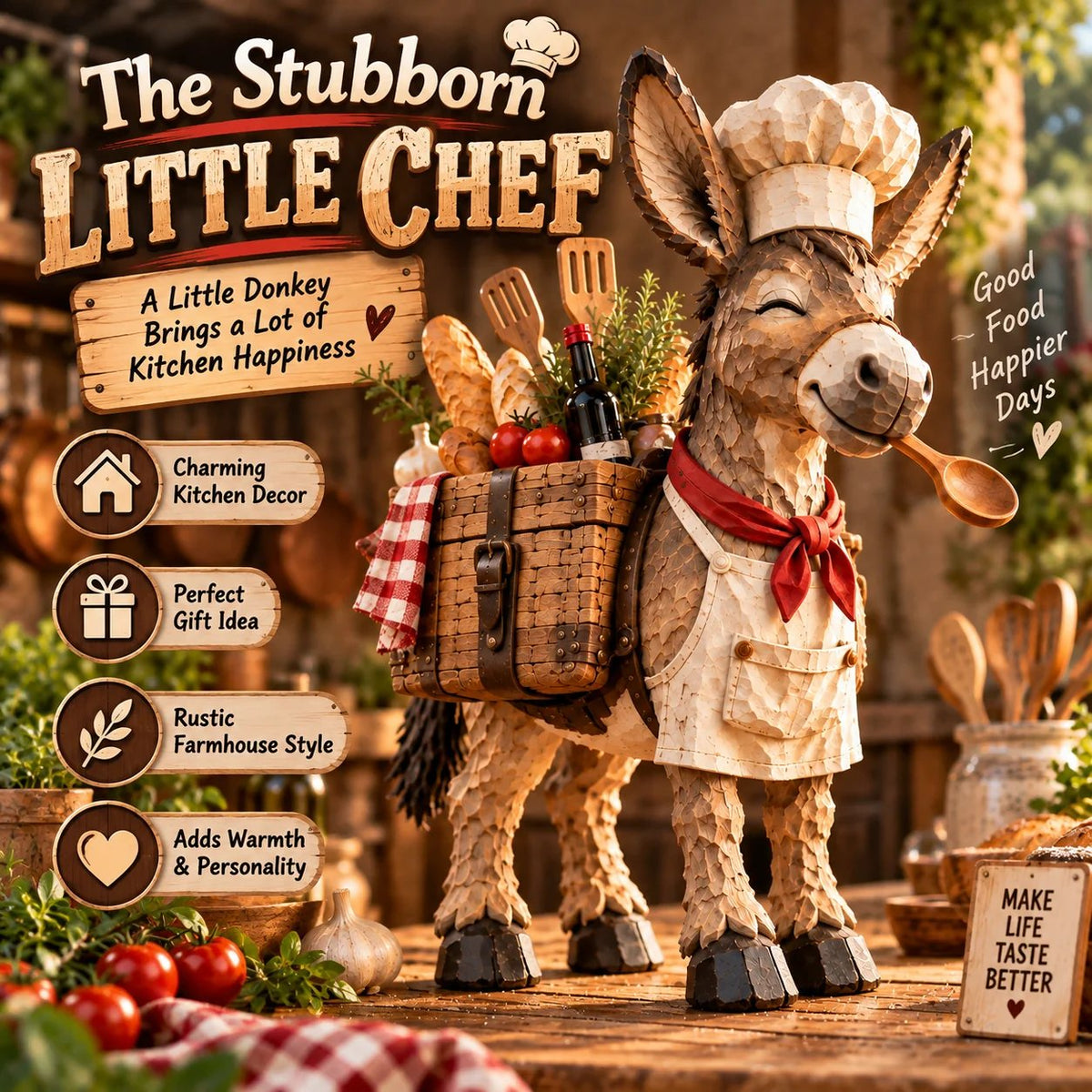 The Stubborn Little Chef — Carved Kitchen Donkey Figurine