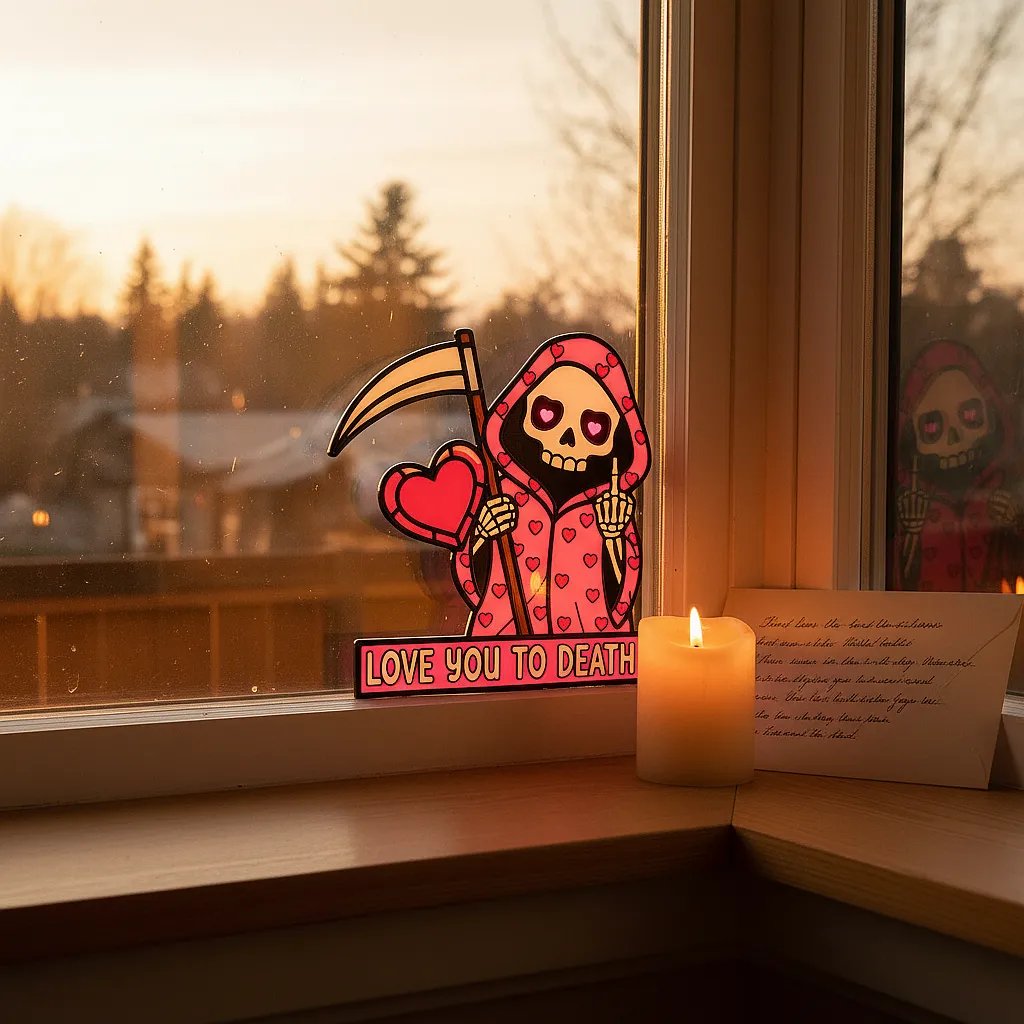 "Love You To Death" Grim Reaper Window Corner Suncatcher | Pastel Goth Valentine's Decor