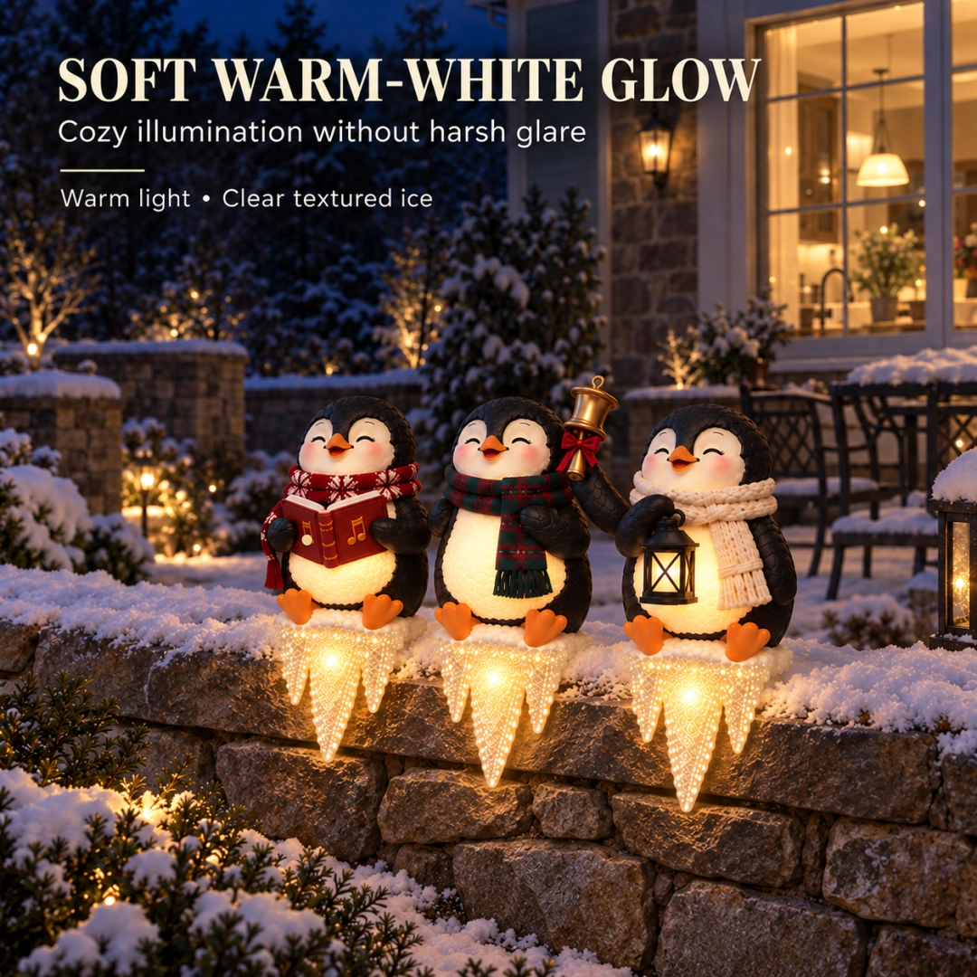 Lighted Penguin Icicle Window Ledge Set